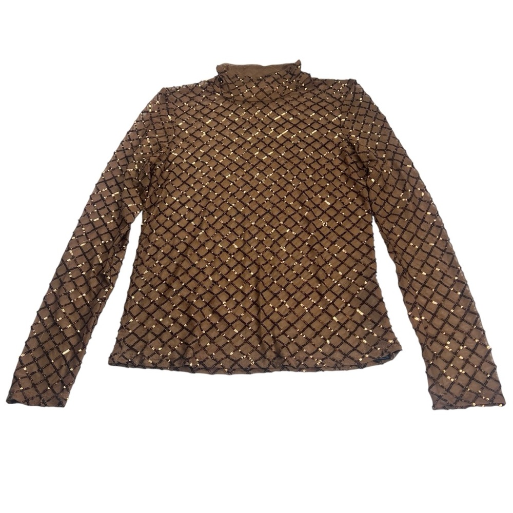 Anthropologie PILCRO Bronze Sequin Mesh Long Sleeve Turtleneck Top Medium NWT - Picture 2 of 16